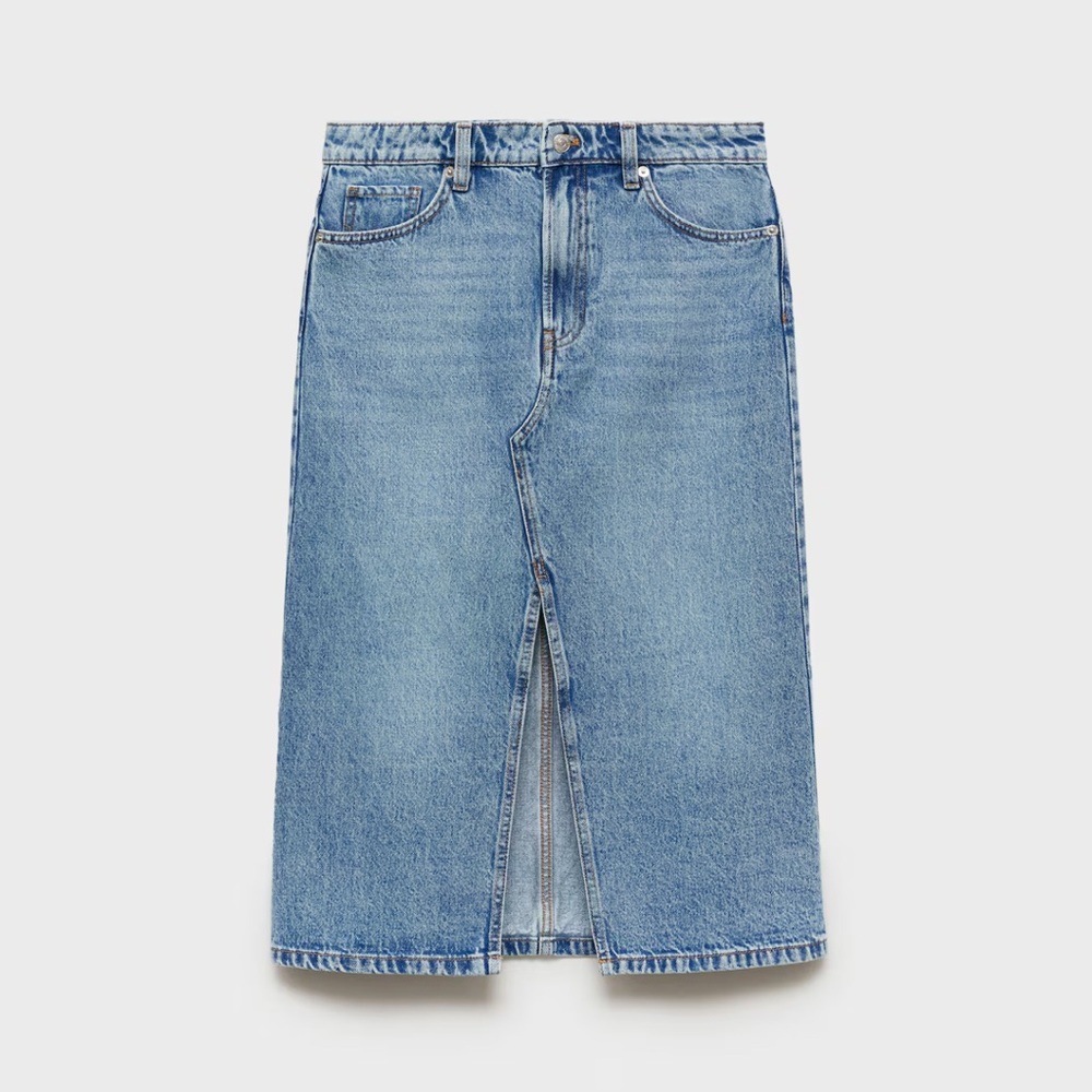 Mango Blue Midi Denim Skirt with Straight Cut